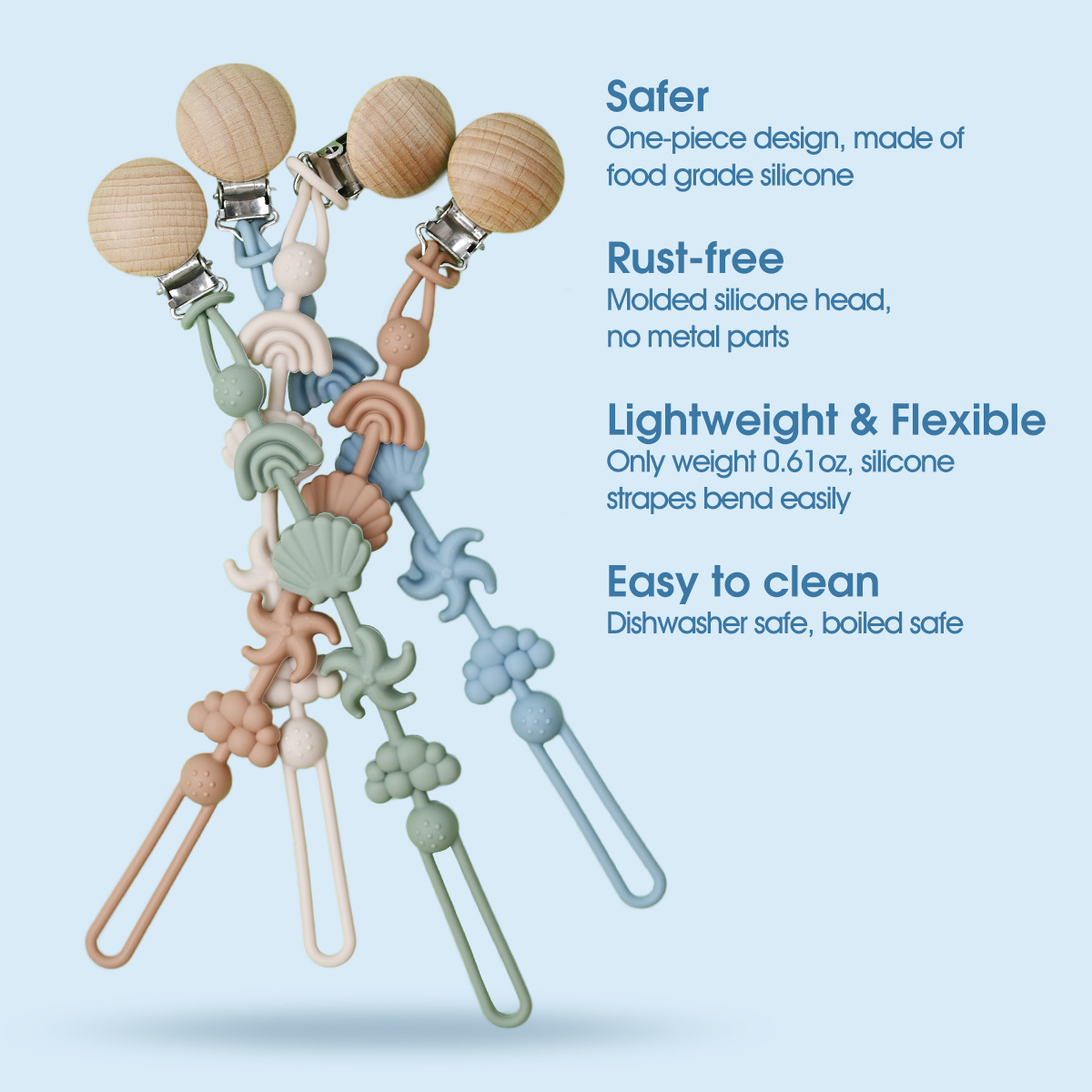 Nuevos productos para bebés de Amazon, clip para chupete de haya, cuentas de madera con forma de arco iris, cadena para chupete de silicona, cadena anticaída