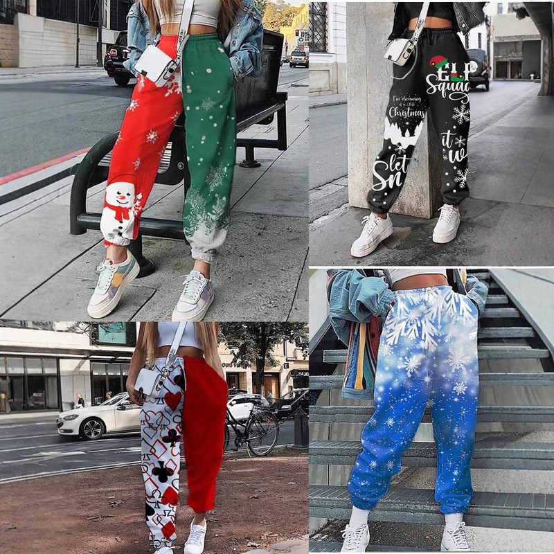 Cross-border European and American Trousers Women's Autumn and Winter New European and American Women's Christmas Positioning Printed Loose Fitness Sports Pants