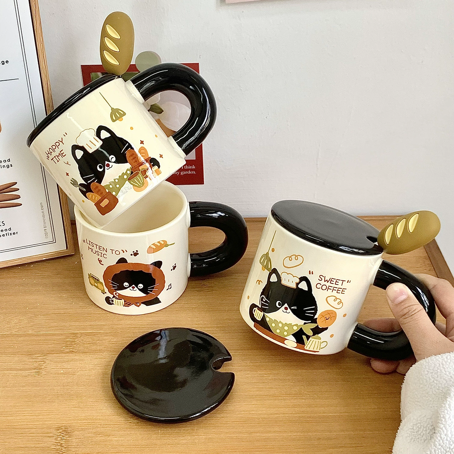 Кружка «котёнок» с крышкой и ложкой, большая вместимость, керамическая кружка для девушек/офиса, для воды, кофе и завтрака, для мужчин
