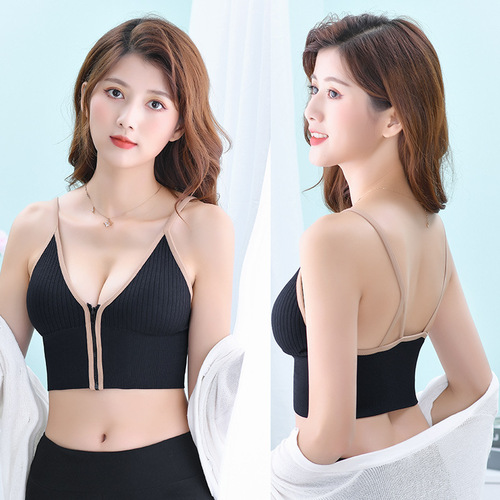 Deep V front zipper beautiful back underwear women's breast pad all-in-one camisole with inner base and chest wrap that can be worn outside