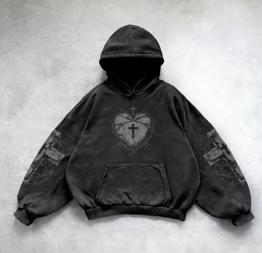 Men's Clothing Fashion Loose Pullover Cross Heart Print Side Pocket Hooded Sweatshirt_voghion.com