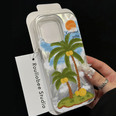 油畫椰子樹羽紗殼適用蘋果15promax手機殼iphone13/14仙女款12/11
