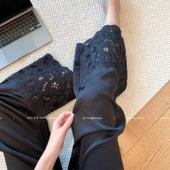 新しい中国風黒中空アセテートワイドレッグパンツ女性のための 2025 夏の新しいカジュアル痩身ストレートパンツ