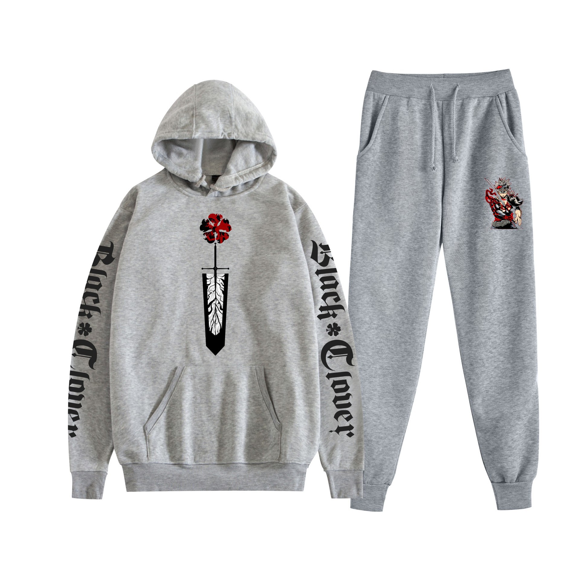 Trébol de cuatro hojas negro nuevo estilo transfronterizo Black Clover pareja suéter con capucha hombres y mujeres pantalones de dos piezas