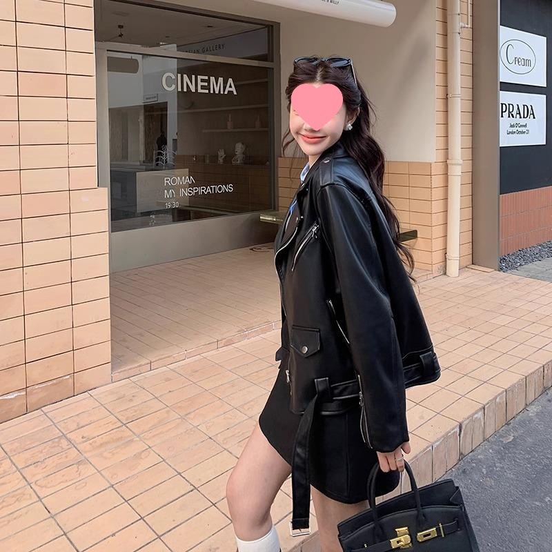 2025 New Autumn and Winter Casual Slim Black Leather Jacket Women's Loose Jacket Pu Leather Temperament Motorcycle Jacket Versatile