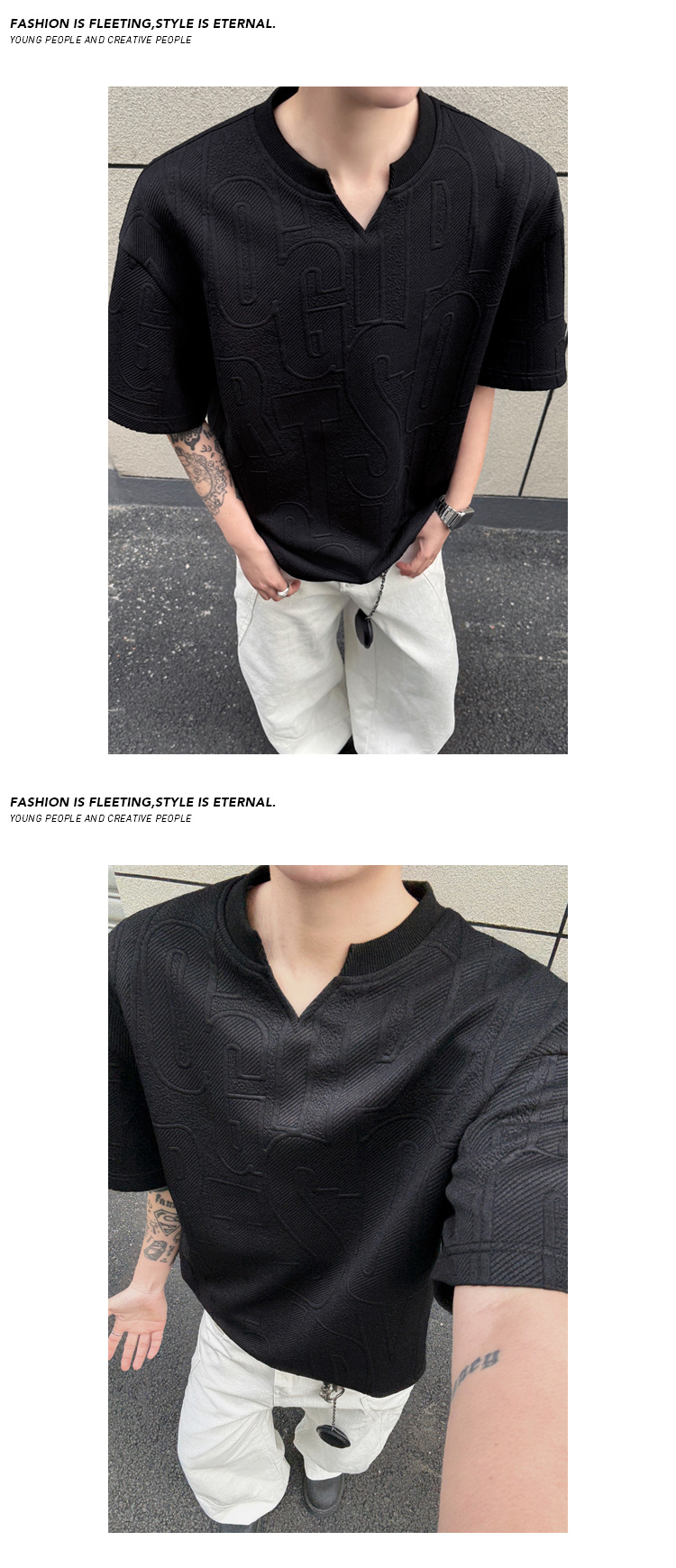 T-shirt uomo scollo a v nero testurizzato maniche corte casual_voghion.com