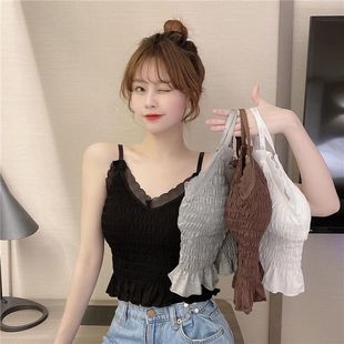 Lace top with cups, tank top, solid color elastic tie, french style, V-neckline, lifting effect