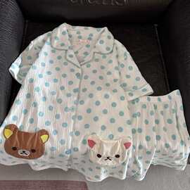 韩系ins轻松熊rilakkuma睡衣女夏季纯棉短袖短裤蓝色波点家居服潮