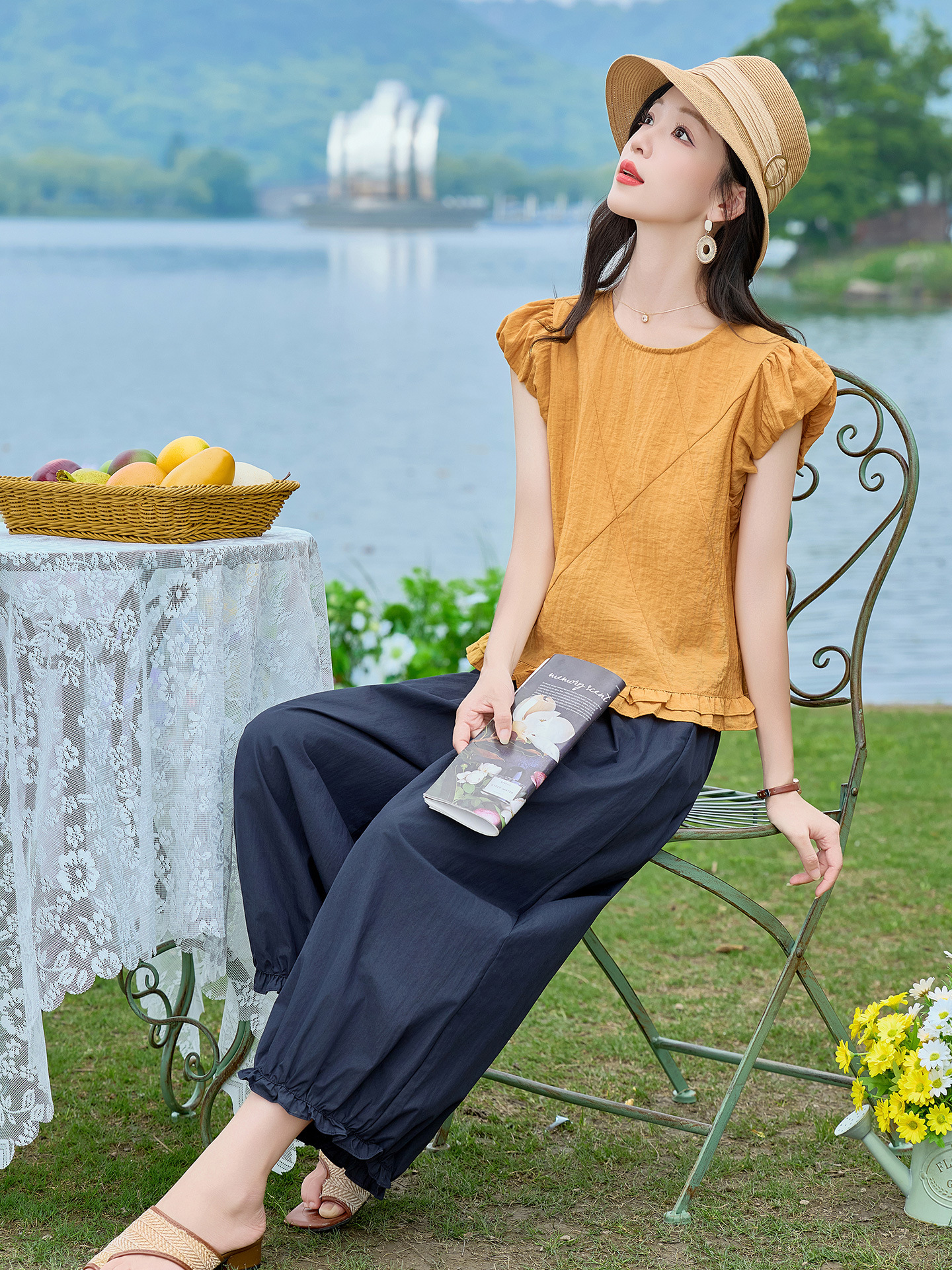 Bộ áo thun cổ tròn tay ngắn + quần ống rộng nữ 2 món mùa hè — màu sắc, màu xanh hồ