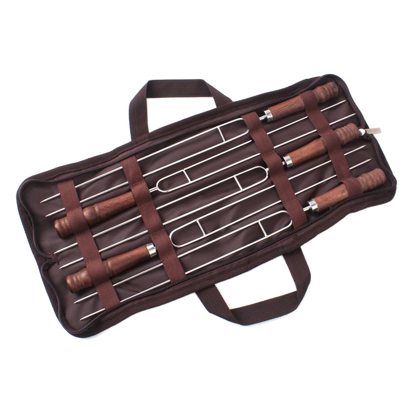 CLS barbacoa al aire libre barbacoa de acero inoxidable aguja picnic barbacoa mango de madera pinchos barbacoa tenedor carne pinchos 5 unidades traje