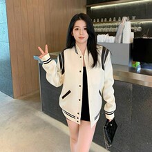 25秋冬新款拼皮毛呢棒球服夹克羽绒服外套插肩袖设计上衣146