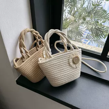 Pastoral Style Handmade Woven Bag Environmentally Friendly Handbag Flower Commuter Shoulder Bag Solid Color Storage Bag Holiday Crossbody Bag - ShopShipShake