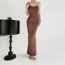 25夏季新款女欧美风性感辣妹纯色包臀长裙修身纯色一步吊带连衣裙