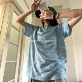 条纹手绘刺绣短袖t恤女夏季2026新款设计感小众宽松显瘦上衣纯棉