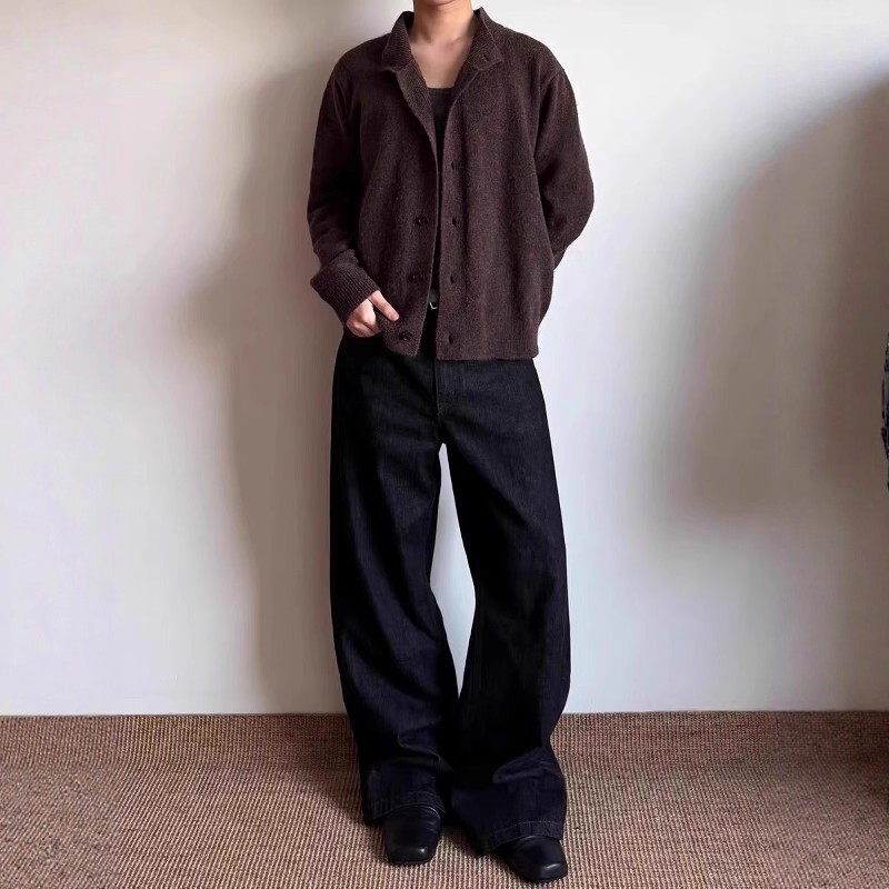 Old Money Style Coffee Color Blended Half Turtleneck Knitwear Cardigan Men's Autum High-End Cleanfit Knitwear Jacket