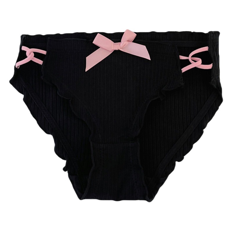 Fiesta de cariño ~ Ropa interior de algodón con cordones de alta apariencia pura para mujer sexy a media cintura hueca calzoncillos de mujer negra