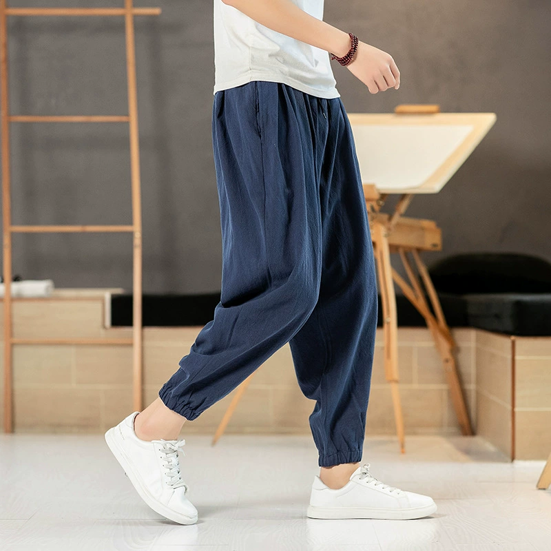 Брюки для отдыха, plus size, китайский стиль, свободный крой, с вышивкой, хлопок и лен