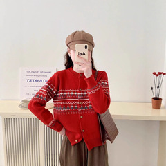 アマゾンジャカードシングルブレスト長袖カーディガン 2025 秋冬ニット女性の小人ラウンドネック刺繍セータージャケット