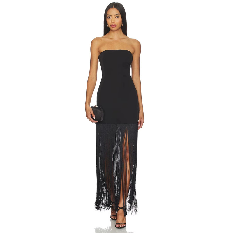 European and American style summer strapless tassel dress for women, strapless slit long slim-fit party dress Amazon
