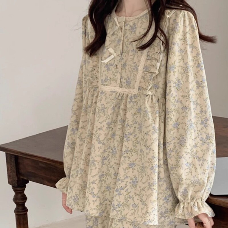 法式甜美睡衣女款春秋季2025年新款长袖蝴蝶结碎花家居服套装圆领|undefined