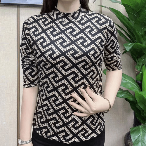 Autumn and winter new fashionable warm semi-high-collar printed base shirt all-matching meat-covering long-sleeved mom's top