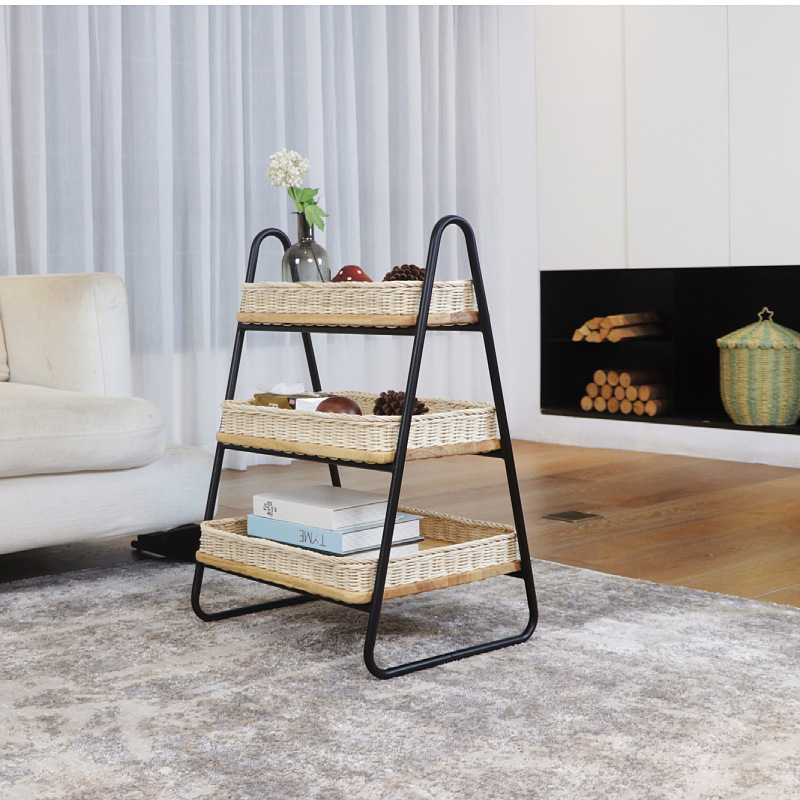 Estantes de almacenamiento de caña de estilo nórdico, estantes de almacenamiento de decoración residencial, estantes de almacenamiento de artículos diversos, cestas de almacenamiento de madera sólida tejidas a mano de tres capas