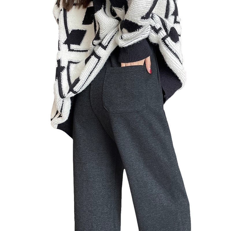 Pantalones de lana gris oscuro de piernas estrechas de mujeres otoño y invierno 2024 pantalones de cintura alta con patrón de herringbone de moda versátil pantalones rectos