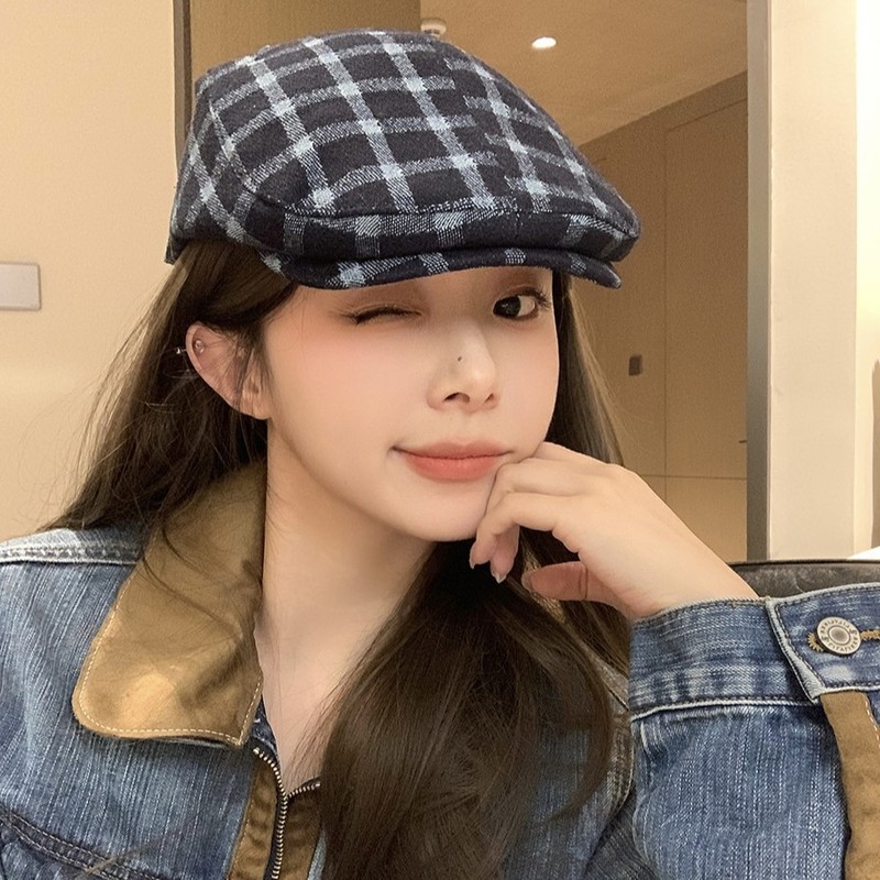 春季英伦风学院风格纹复古前进帽女鸭嘴贝雷帽大头围文艺报童帽无|undefined