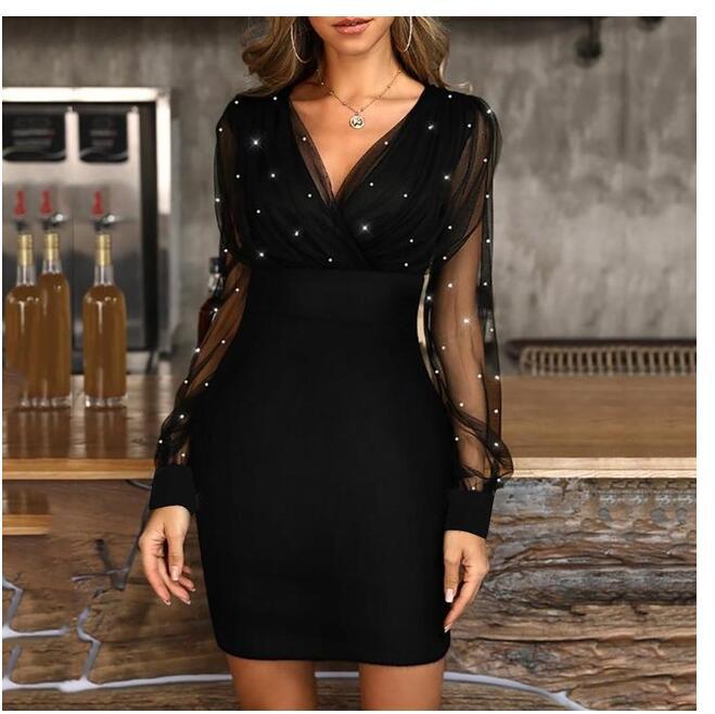Mesh Panel Bodycon Dress with Shimmering Beads Elegant Evening Wear Perfect for Parties and Special Occasions Wholesale
