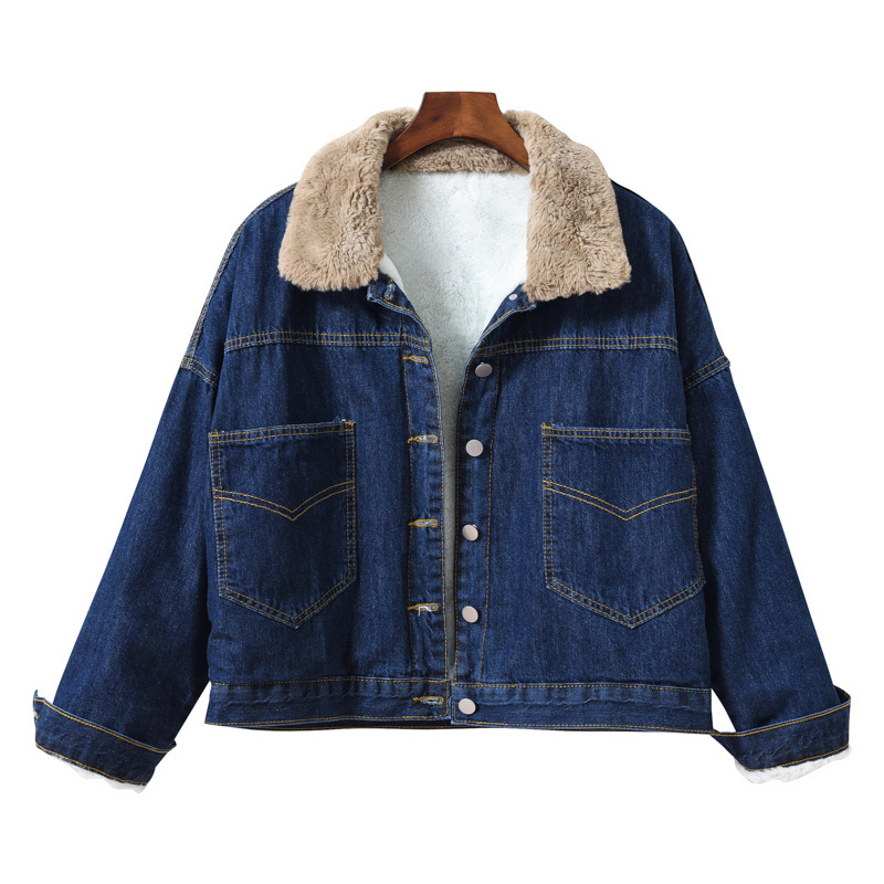 GraceChic Giacca in denim da donna, stile coreano, oversize, casual, spessa, ampia, con collo in pelliccia, foderata in pile, alla moda, con spalle cadenti, nuovo stile_voghion.com