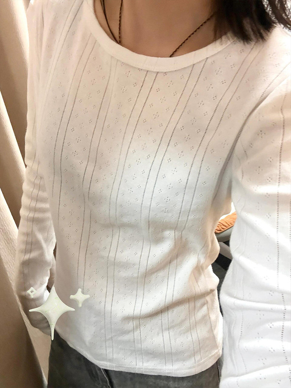 韩系减龄别致提花圆领打底上衣女春秋新款镂空设计感内搭长袖T恤|undefined