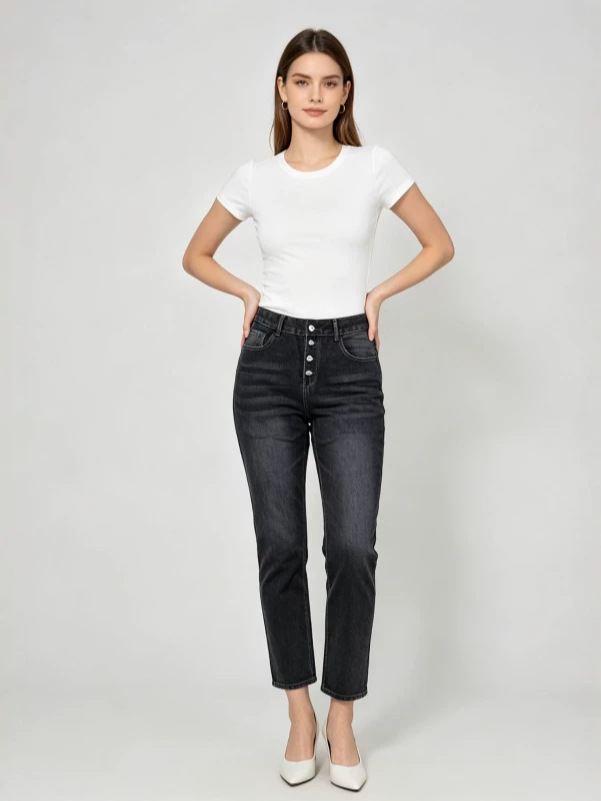 Jeans Ajustados para Mujer de Mezclilla de Algodón, Cintura Alta, Lavado con Agua, Inelástico image 3
