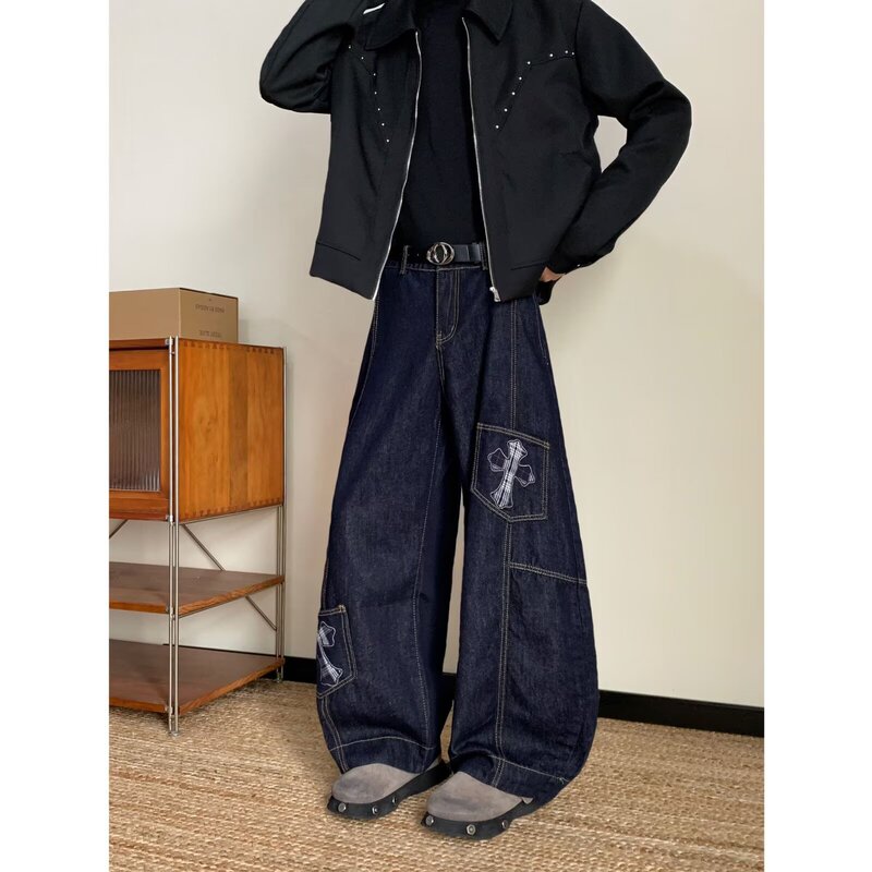 Cross-Border Large Pocket Scimitar Workwear Jeans for Men and Women, New Spring and Autumn Loose Bf High Street Floor-Length Casual Pants Trendy