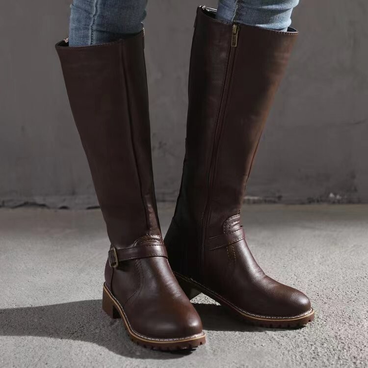 Foreign trade plus size solid color motorcycle boots women 2025 autumn and winter new round head double zipper thick heel low heel high leather boots Foreign trade plus size solid color motorcycle boots women 2025 autumn and winter new round head double zipper thick heel low heel high leather boots
