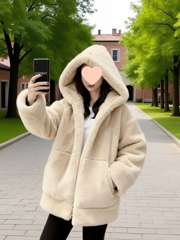毛绒绒外套女冬仿獭兔毛皮草连帽中长款棉衣加厚保暖时尚宽松大衣
