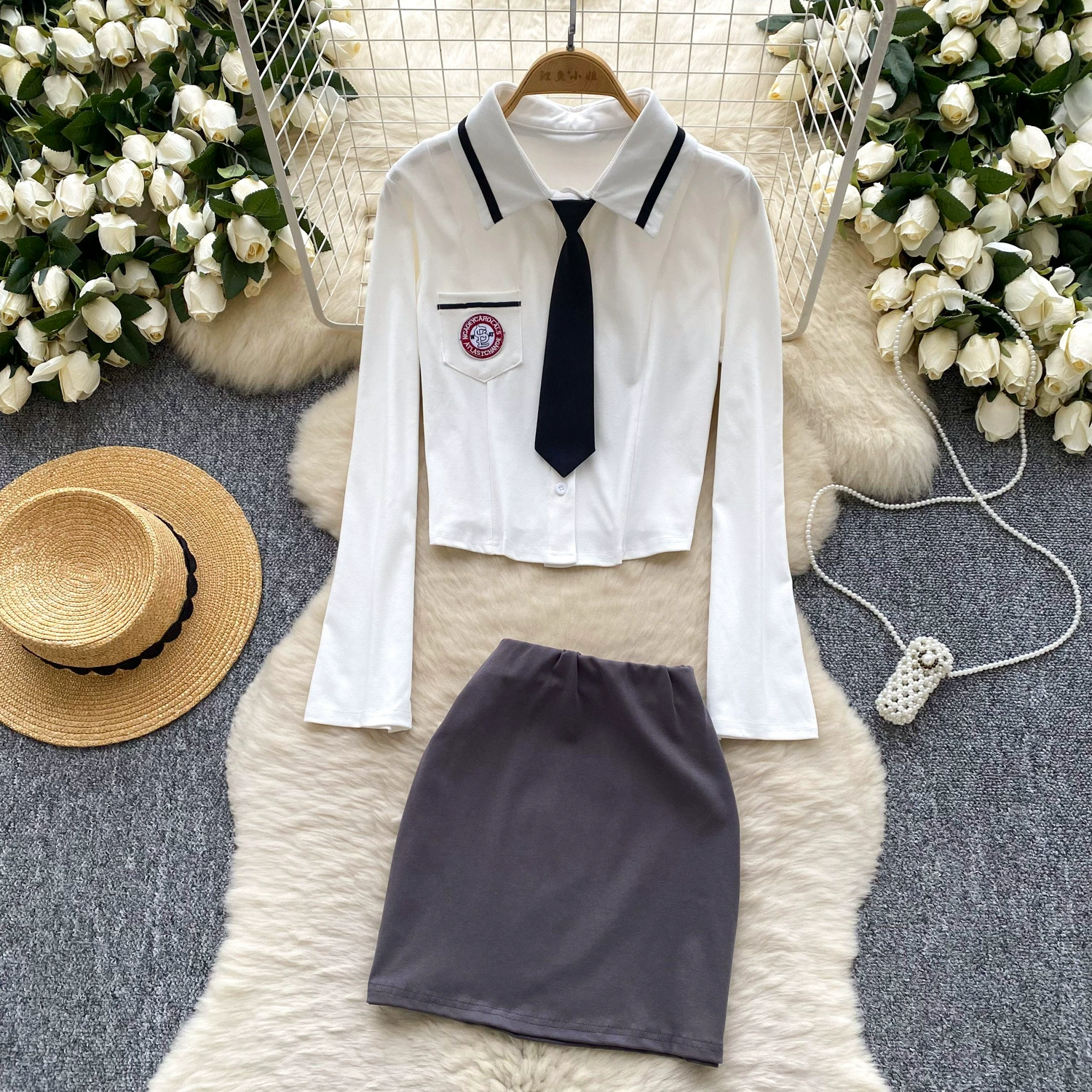 Горячая девушка колледжа стиль Polo с длинными рукавами рубашка с высокой талией тонкая юбка