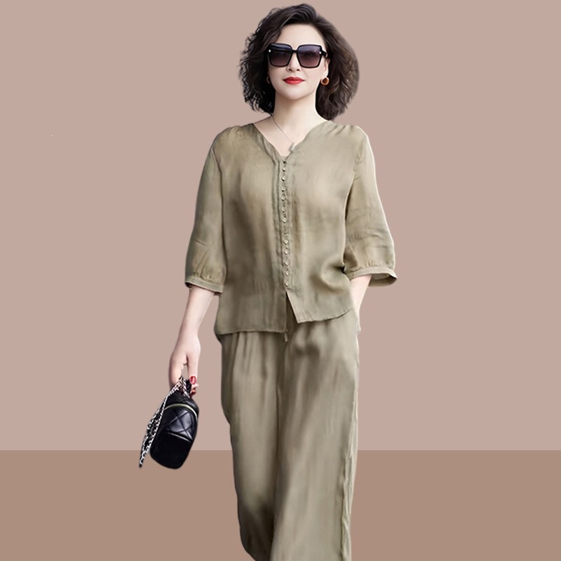 Middle-Aged Mom's Cotton and Linen Suit, Women's Summer Wear, New Style, Retro Linen Casual Wide-Leg Pants Two-Piece Set