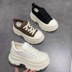 秋季女鞋6厘米厚底真皮运动休闲鞋系带中跟松糕底板鞋百搭麦昆鞋