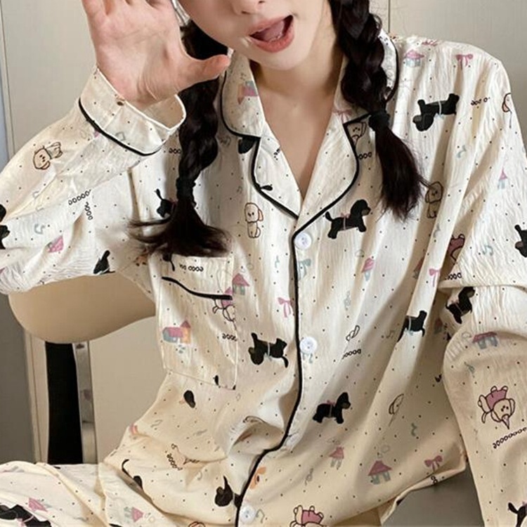 Cute Bow Clouds Cotton Pajamas Women's Autumn Long-sleeved Trousers Sweet Girls Students Home-wearable suit