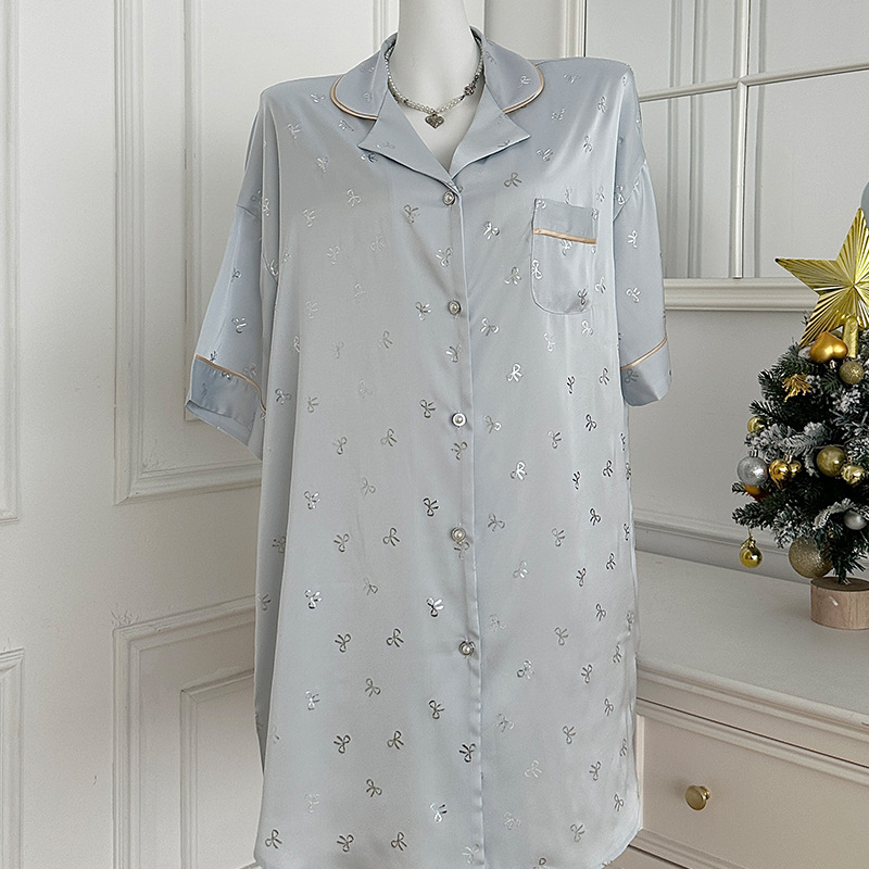 핫 실버 보우 블루 셔츠 드레스