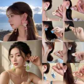 小清新仿真花朵耳钉女高级感夏日海边耳环清新甜美流苏耳圈耳饰品