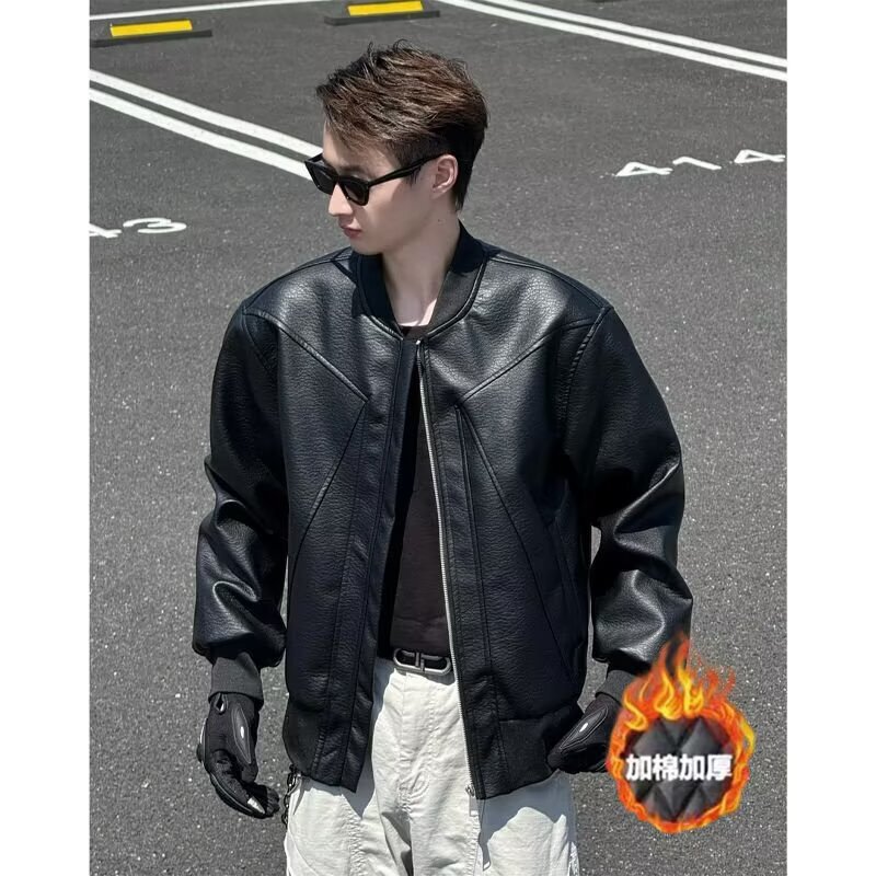 High Street Boxy Silhouette Stand Collar Cotton Jacket Men's Autumn and Winter New Bomber Leather Jacket Cotton Jacket Men's Motorcycle Jacket Black