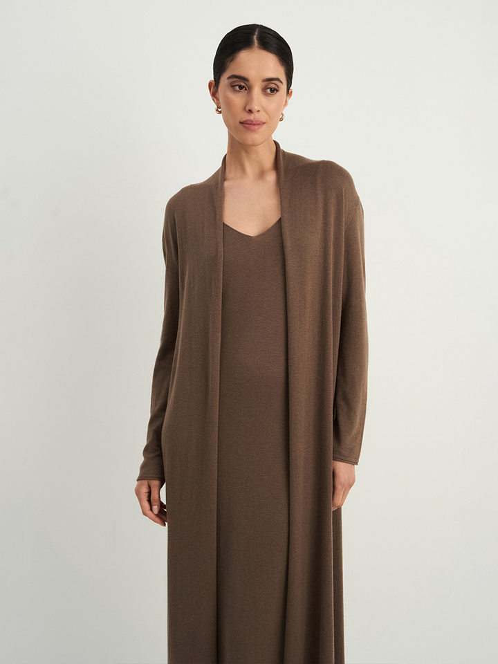Bộ đầm dài kèm áo cardigan dệt kim dài tay nữ — Màu cà phê đậm, Màu hồng, Màu trắng, Màu xám chi tiết 135