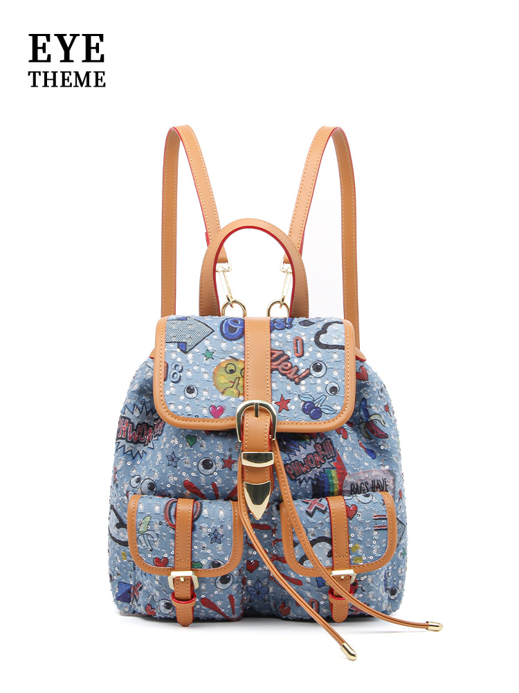 Color de contraste de flip de gran capacidad de bolsillo independiente de denim bolsas bordadas de viaje de estudiantes impresión 2711 #