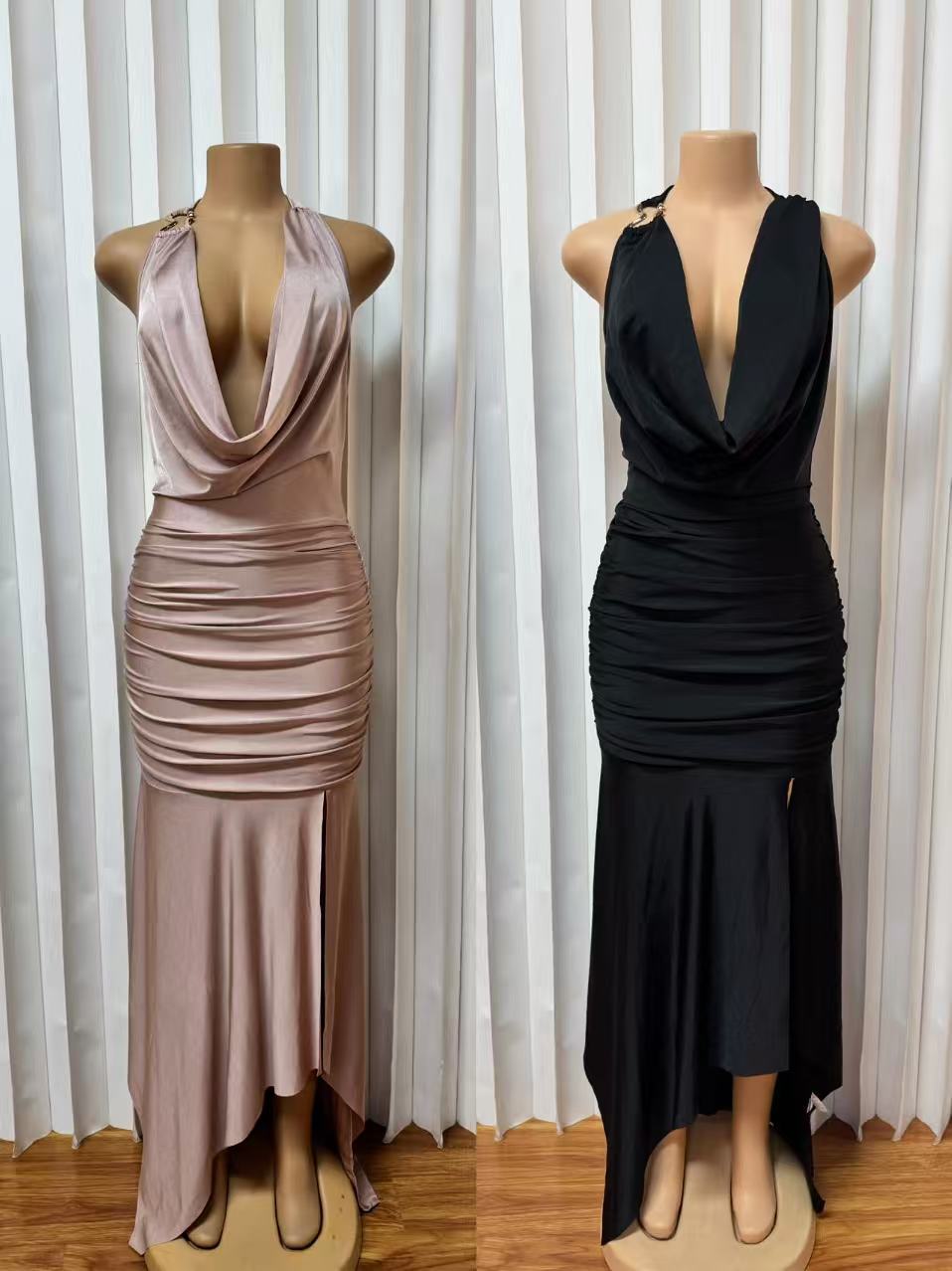 Women's Clothing Sexy Hot Girl Women's Halter Neck V Neck Backless Slit Long Dress Style Fashion Temperament Slim Fit_ecoleips.com