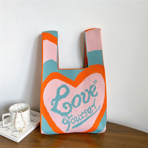 Large Heart-shaped Large Capacity Small Handbag for Women, Knit Hand-held Tote Bag, Outdoors Portable Storage Bag, Korean Style Handbag