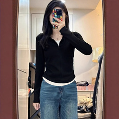 黑色捏褶显瘦拉链半开领长袖t恤女2025春季新款假两件打底衫上衣