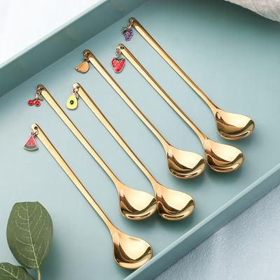 DINS originality Pendant Spoon fruit Stainless steel Gold-plated Round spoon Dessert coffee Spoon the cake gift gift suit
