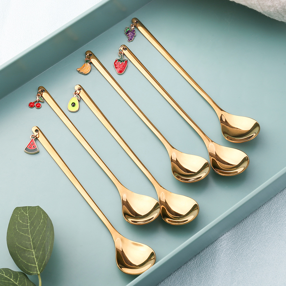 DINS創意吊墜水果勺不鏽鋼鍍金小圓勺甜品咖啡蛋糕勺贈品禮品套裝