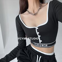 泰式ins字母松紧下摆撞色包边长袖T恤女复古方领修身显瘦辣妹上衣